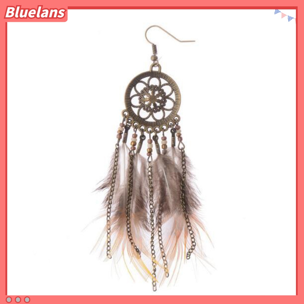 Anting Kait Rumbai Panjang Desain Dream Catcher Aksen Bulu Untuk Wanita