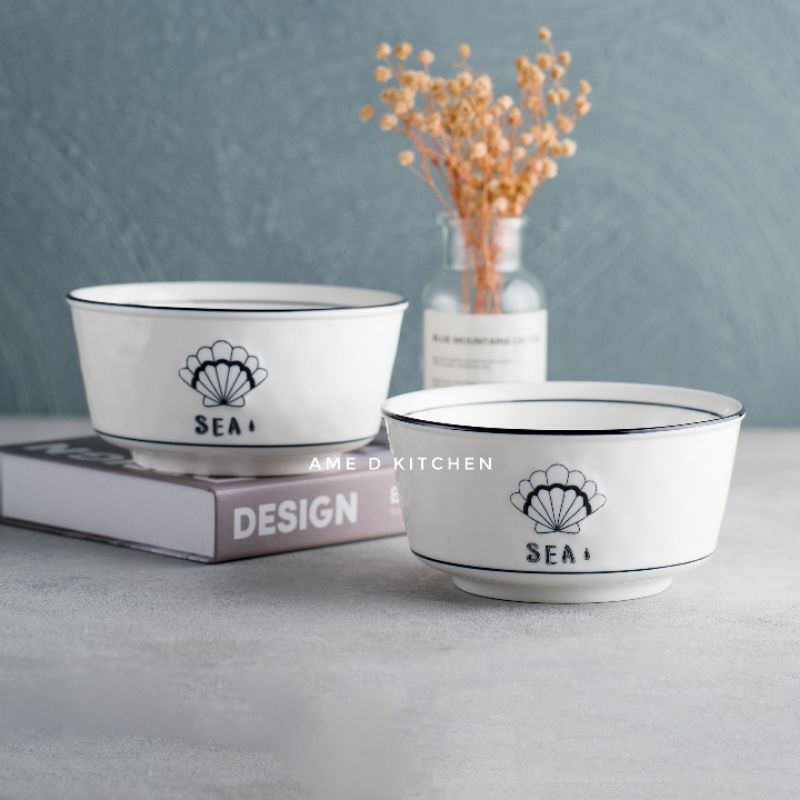 Mangkok keramik putih lis biru 6" motif kerang