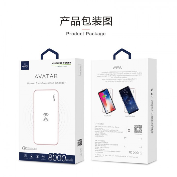 WIWU PREMIUM AVATAR Powerbank 8000mah Qi Wireless Charger Hitam