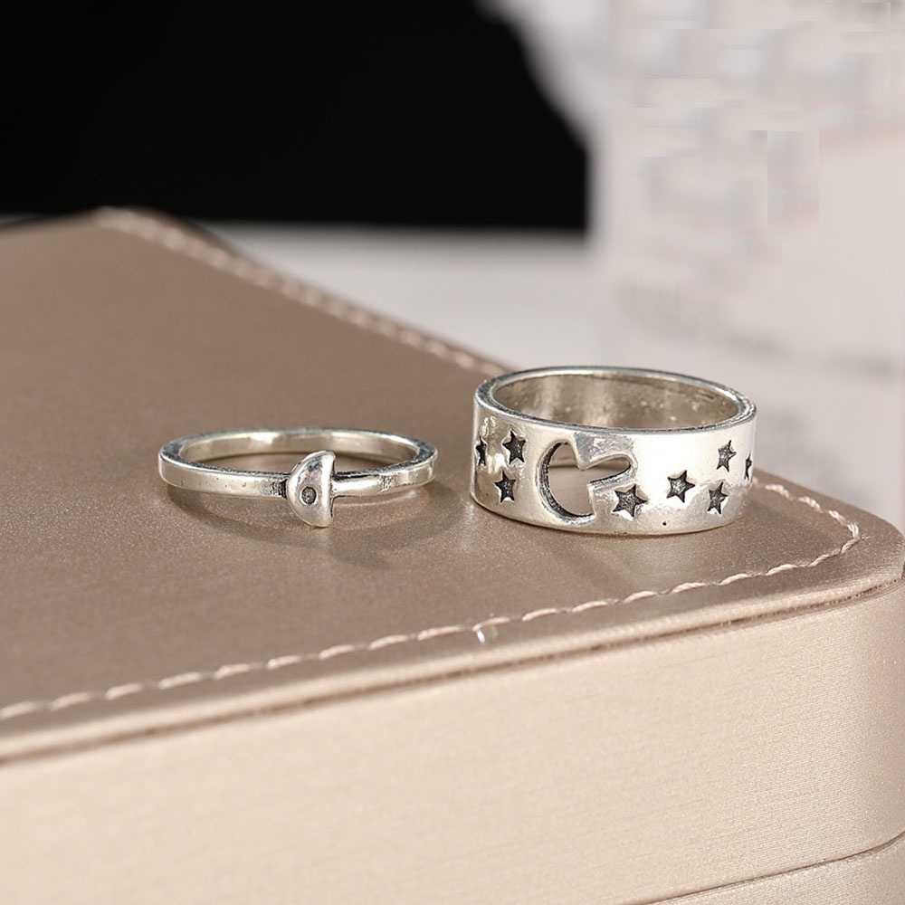 2pcs / Set Cincin Lapis Silver Desain Geometri Bintang Jamur Gaya Punk / Eropa / Vintage / Unik Untuk Pasangan