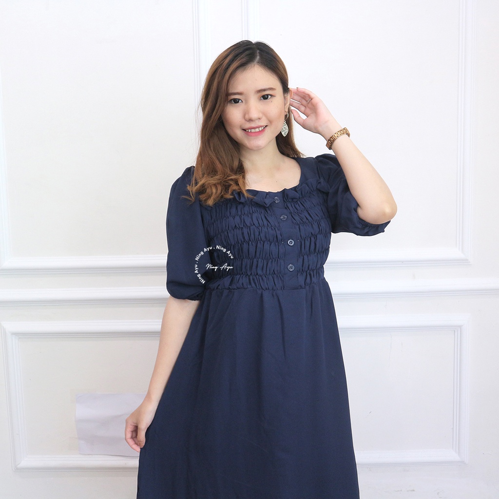Mama Hamil Gwen Dress Wanita Hamil Menyusui Murah Modern Casual Dress Katun - DRO 209-NAVY