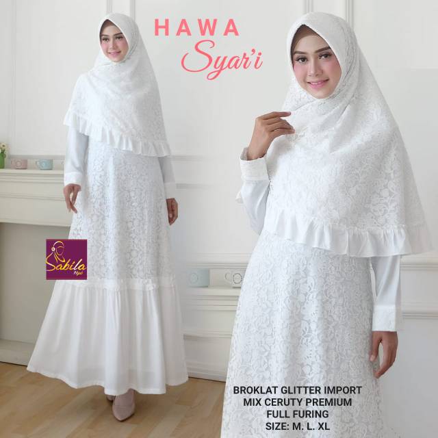 Hawa Syar'i/Syar'i putih/ Gamis Putih/ Gamis Brukat Putih