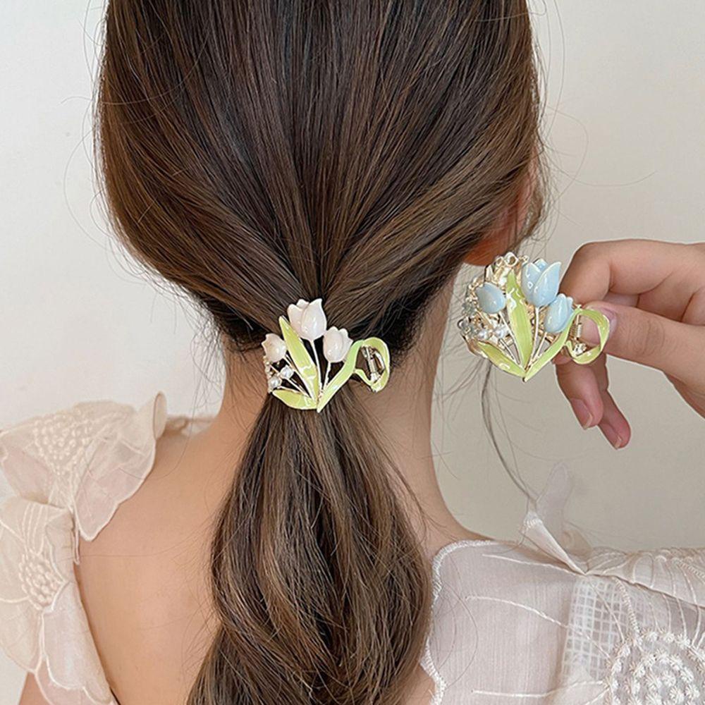Agustina Bunga Tulip Hair Claw Jepit Rambut Ponytail Holder Mutiara Sederhana Pisang Klip Hiu Klip Hiasan Kepala Gadis Gaya Korea Hair Clip