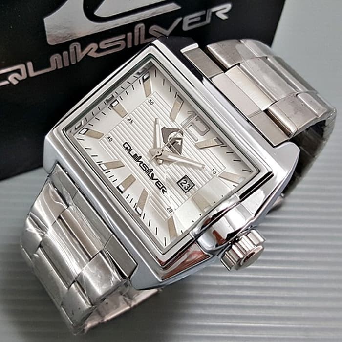 Jam Tangan Pria / Cowok  Segi Date Rantai Silver Putih