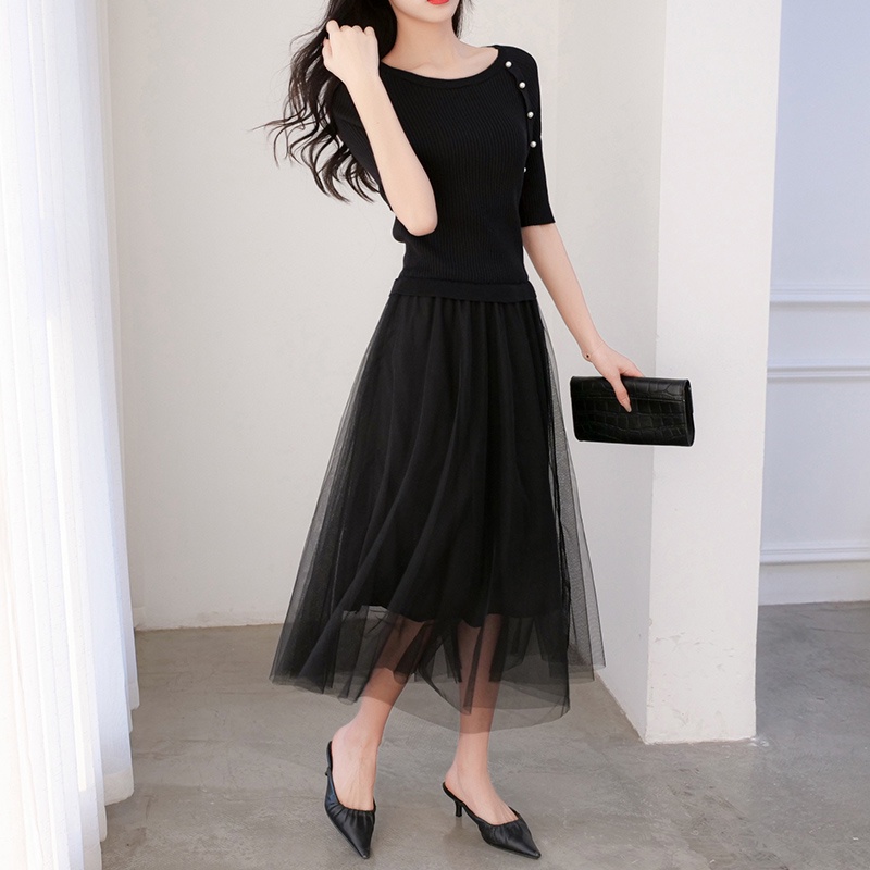 【Elegant】 Korean Solid Hem stitching Gauze Premium Knit Dress  7367