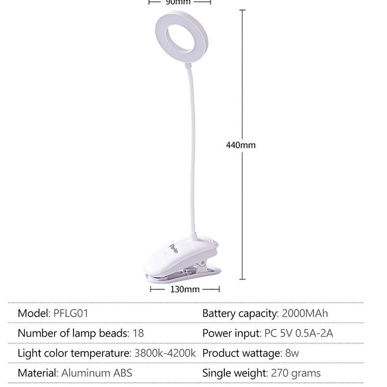 Perfin PFLG01 Lampu Meja Lampu Belajar Jepit USB LED Portable Charge Touch Screen Adjustable 7 "MAT.