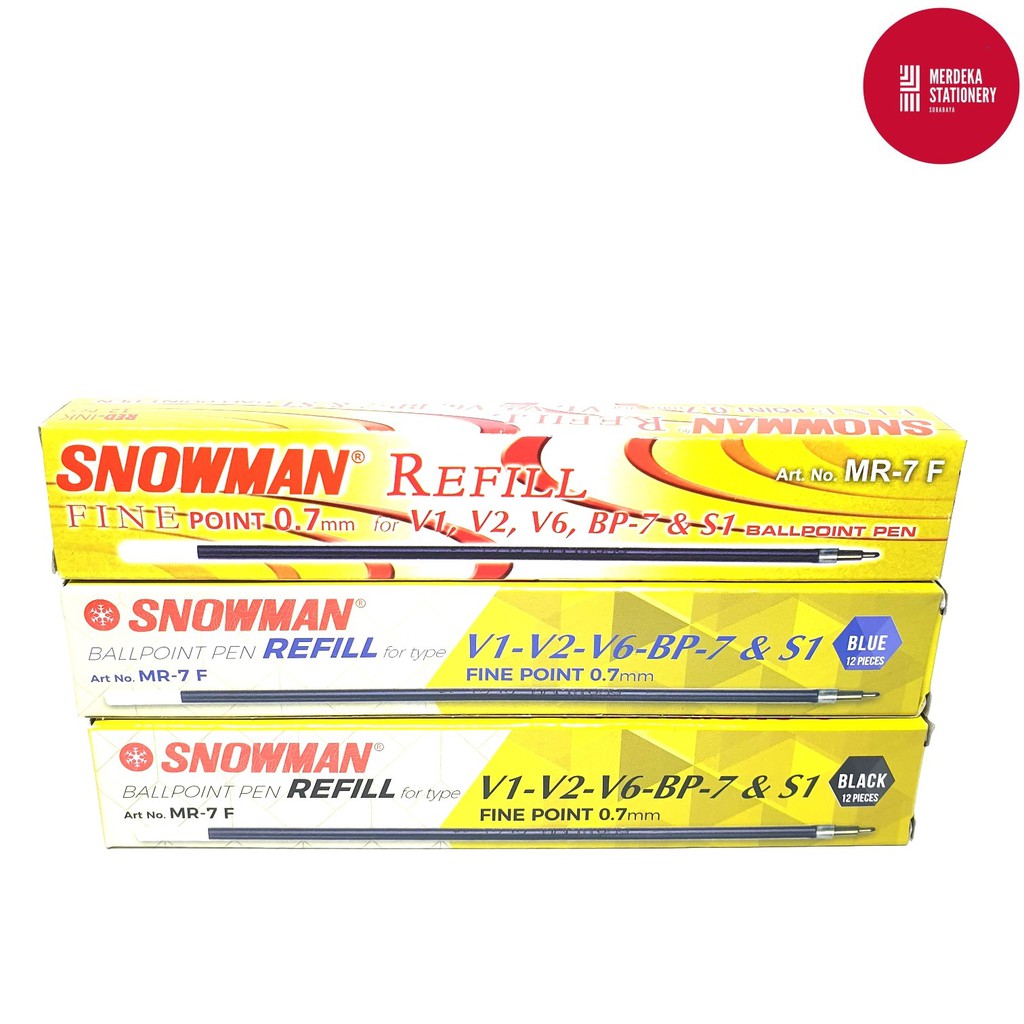 

(ISI 12)Refill/Isi/Tinta Pulpen/Bolpen Snowman V1,V2,V6,BP-7,S1 Fine Point 0.7 mm (HITAM/BIRU/MERAH)