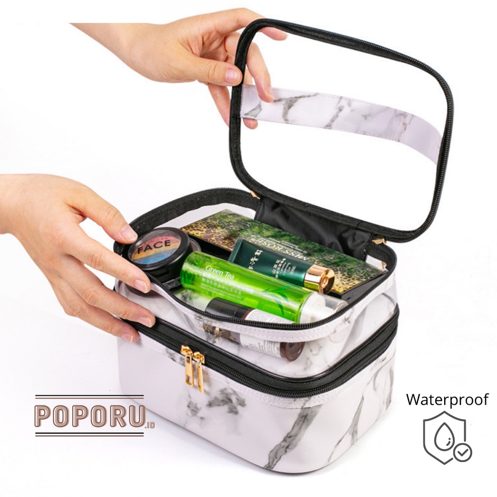 POPORU DOUBLE TRANSPARENT MARBLE pouch - cosmetics bag organizer for make up - tas tempat kosmetik