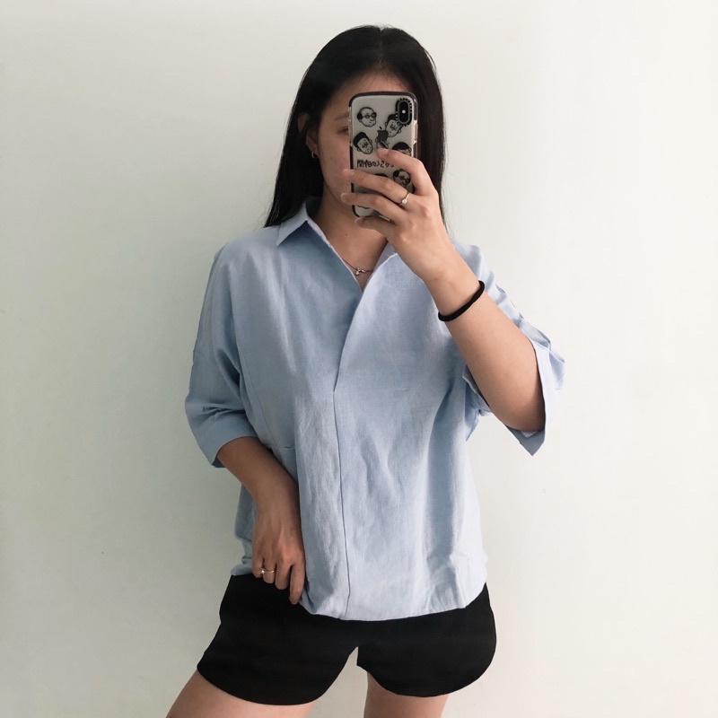 Loewy Linen Blouse, Oversized, V Neck Shirt, Kemeja Vneck, Pakaian Wanita - Haute Clothek