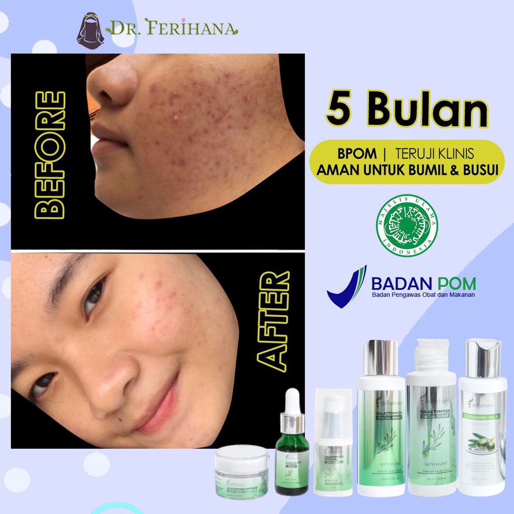 Paket Premium Galactomyces Whitening for Oily &amp; Acne Skin dr. Ferihana Cosmetics &amp; Skincare Paket Perawatan Wajah untuk Kulit Berminyak Berjerawat Ringan Sedang sampai Meradang Bernanah Sekaligus Mencerahkan Memudarkan Bekas Anti Aging BPOM LPPOM HALAL