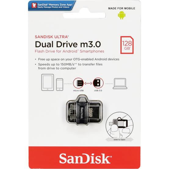 flash disk dual drive 128GB SanDisk Sddd3 Ultra Dual Drive M3.0 USB 3.0 OTG Garansi 5 Tahun