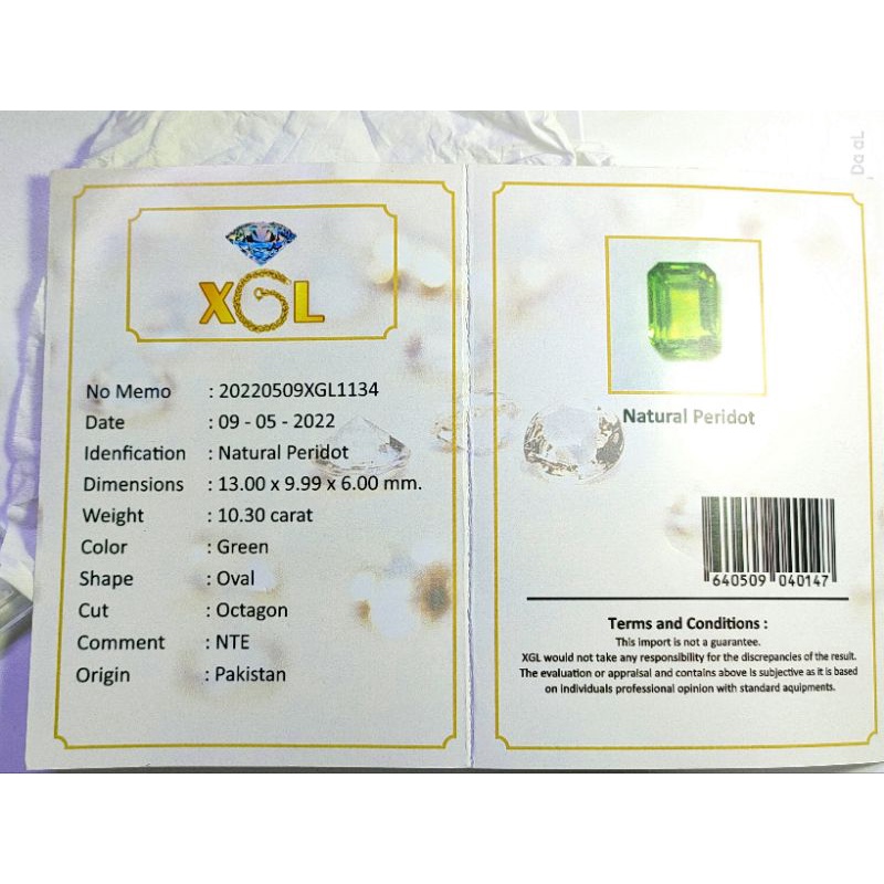 NATURAL PERIDOT + SERTIFIKAT LAB KODE 01960