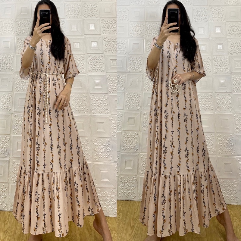 daster MONA tangan 3/4 PB 130cm /daster panjang rempel tangan 3/4  JUMBO premium sleting /busui/rempel tangan 3/4/ tangan pendek/ tali grosir ecer SEMATA KAKI RAYON-Mona B.salur cream