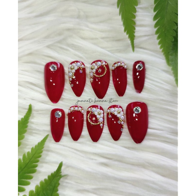 NAIL ART HANDMADE MAROON ISI 10pcs KUKU SUDAH TERMASUK LEM CAIR KUKU PALSU NAIL ART HENNA JANNATI