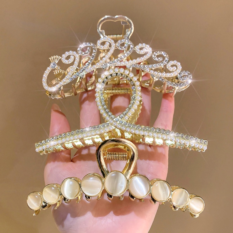 AY(CN) Jepit Rambut Bentuk Bunga Opal Aksen Mutiara Kristal Warna Emas Silver Untuk Wanita