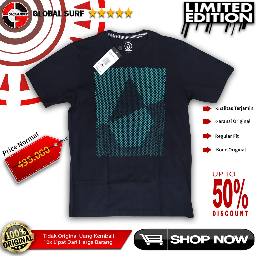 Kaos Volcom Original Surf Hitam Polos Gambar Print Depan Baju Kasual Pria Lengan Pendek Reguler Fit