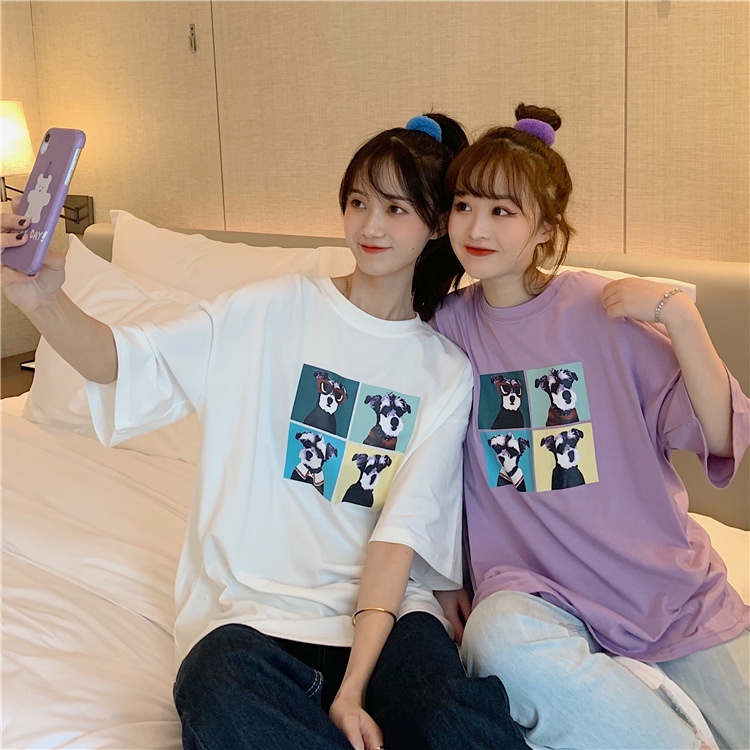 [littlecrab] Kaos Oversize Doggy Couple Teman Pacar T-shirt Oversize Puzzle Anjing Lucu Korean Style