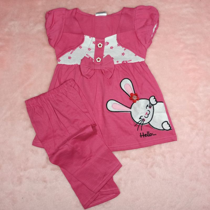 Ss#1015 Setelan Anak Perempuan size 1-2tahun / Baju Anak Cewek / Baju Anak Lucu Gambar Rabbit Hello