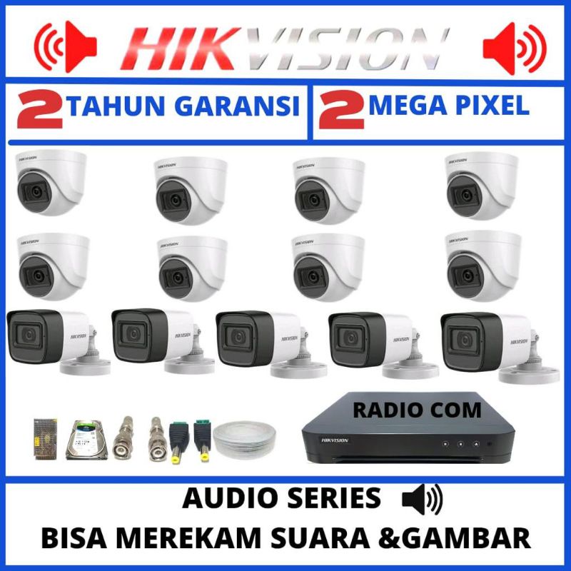 PAKET CCTV HIKVISION AUDIO 16 CHANNEL 13 KAMERA 2MP 1080P KOMPLIT TINGGAL PASANG