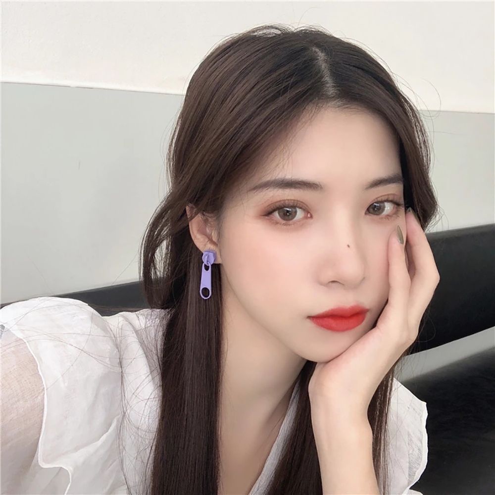 Anting Stud Menjuntai Bentuk Ritsleting Bahan Logam Warna-Warni Gaya Korea Untuk Wanita