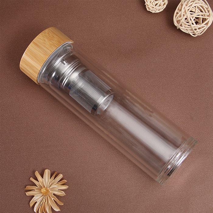 Infused Water Bottle Botol Tumbler Saringan Teh Stainless Tempat Minum Aesthetic Botol Minum Kaca Tutup Bambu