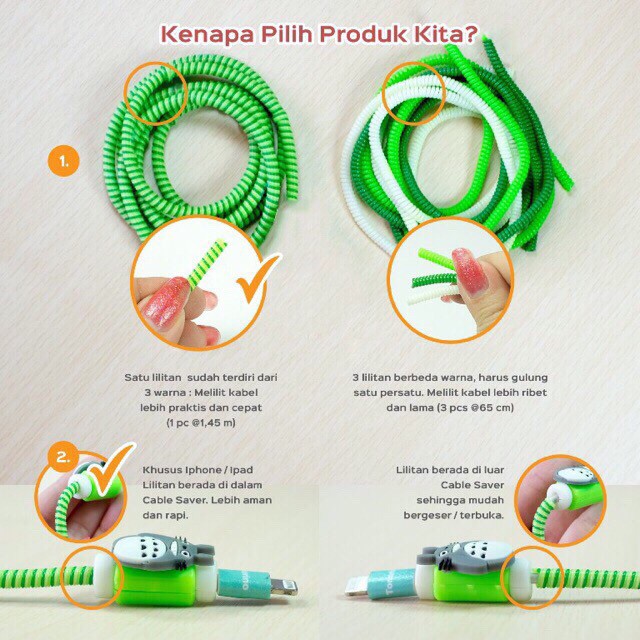 Paket Cable Protector/Pelindung Kabel Spiral iPhone&amp;Android (RANDOM)