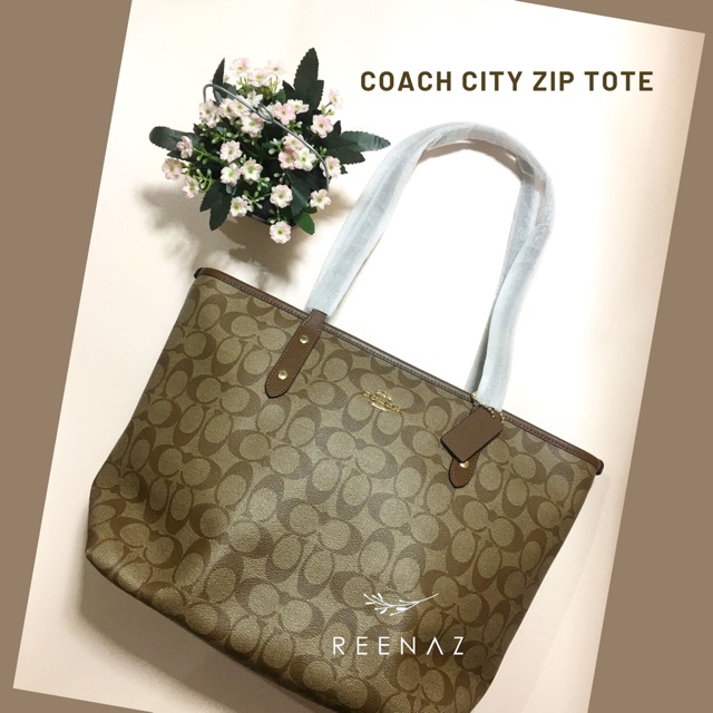 Tas Coach City Zip Tote F58292 Khaki/ Saddle 2/ Light Gold Tote Bag