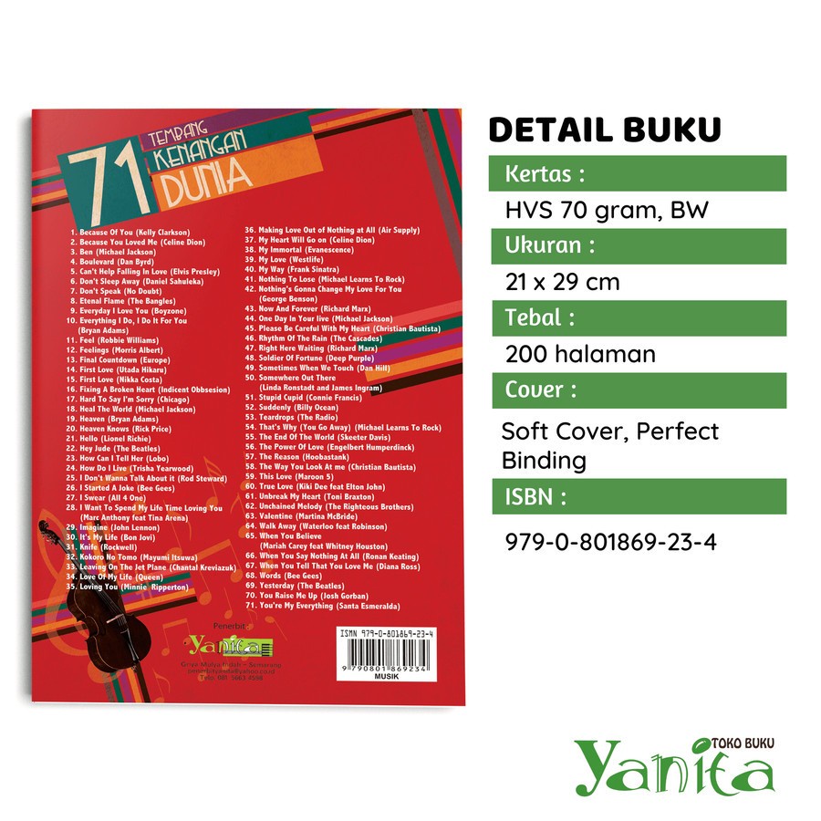 Buku Musik 71 Tembang Kenangan Dunia - Yeyen Subiakto