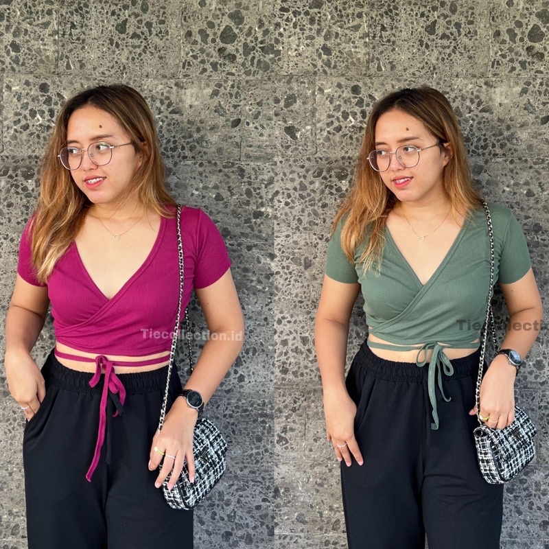 Lina Wrap Crop Top Lengan Pendek Wanita