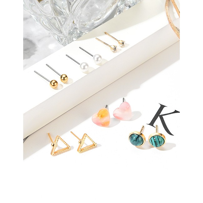 LRC Anting Set Fashion Gold Triangle Love Diamond Stud Earrings 6 Pairs F29776