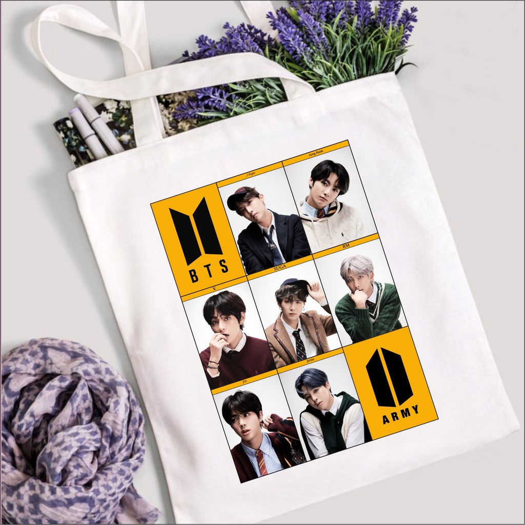 (READY STOK) TOTE BAG KPOP BTS - BAHAN KANVAS - 30  X 40 CM - BTS MOTS 7