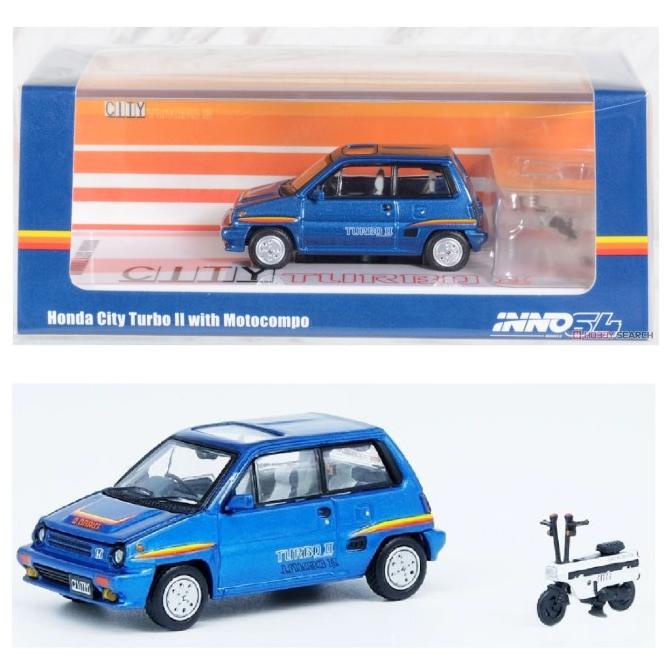 INNO64 HONDA CITY TURBO II BLUE W/ MOTOCOMPO WHITE DIECAST MOBIL INNO