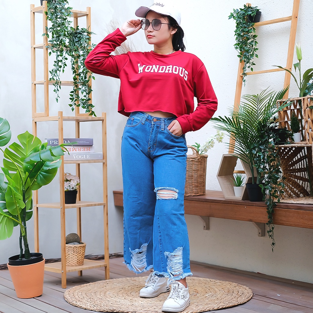 Tq88indonesia Celana Jeans Kulot Wanita / Chlaudy Cullotes Jeans / Celana Panjang Jeans Sobek / Celana Santai Cewek / Ootd / Outfit