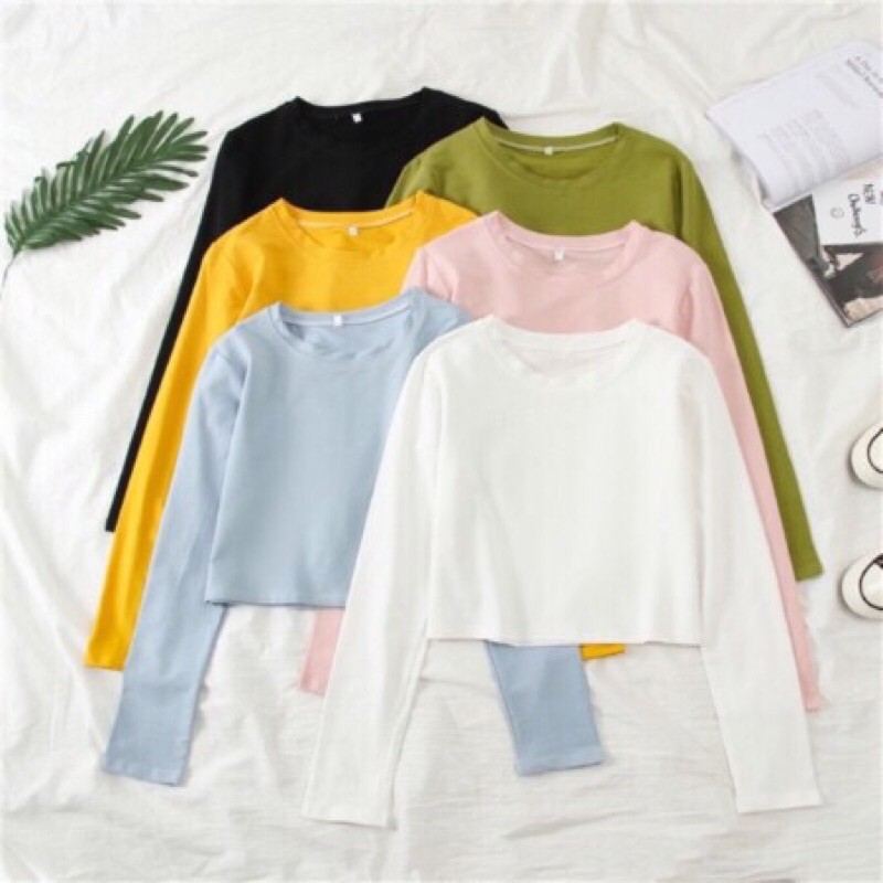 sweater crop basic korea kaos lengan panjang