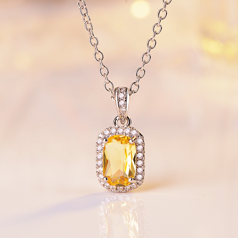 [Ready Stock]Fashion Square Princess Diamond Pendant Color Gemstone Necklace