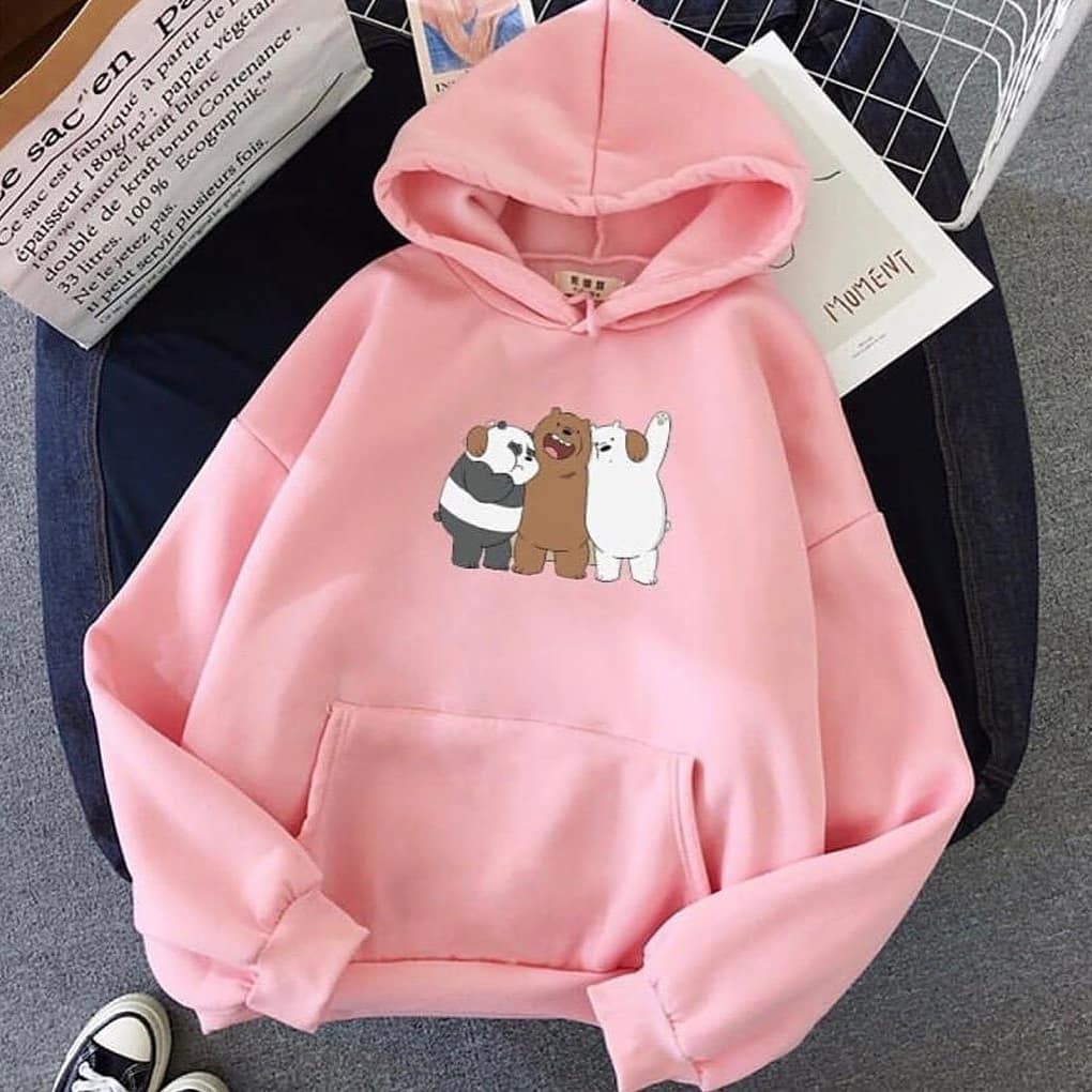 Sweater Hoodie Wanita Hugging Bare Bears Sweater Fleece Lucu Kekinian Lengan Panjang Hangat-1
