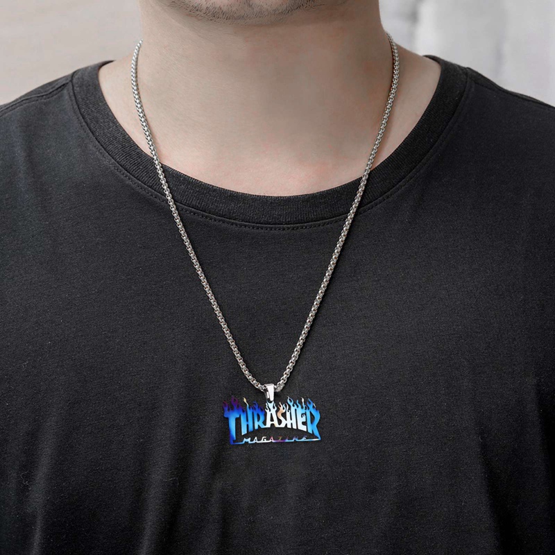 Kalung Dengan Liontin Desain Thrasher Magazine Flame Gaya Hip Hop Untuk Pria