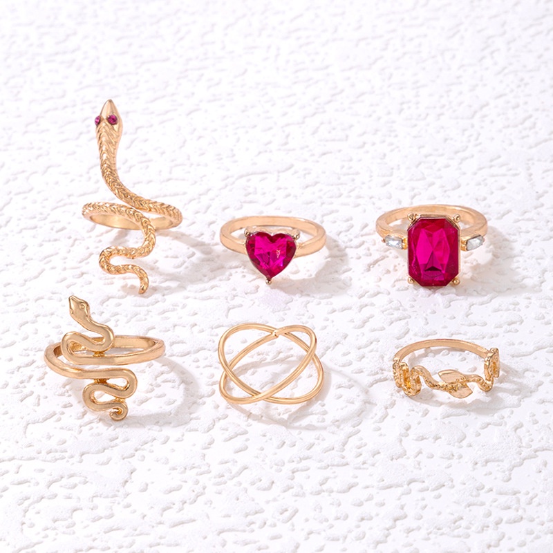 6pcs / Set Cincin Berlian Ruby Bentuk Ular Silang Persegi Gaya Vintage