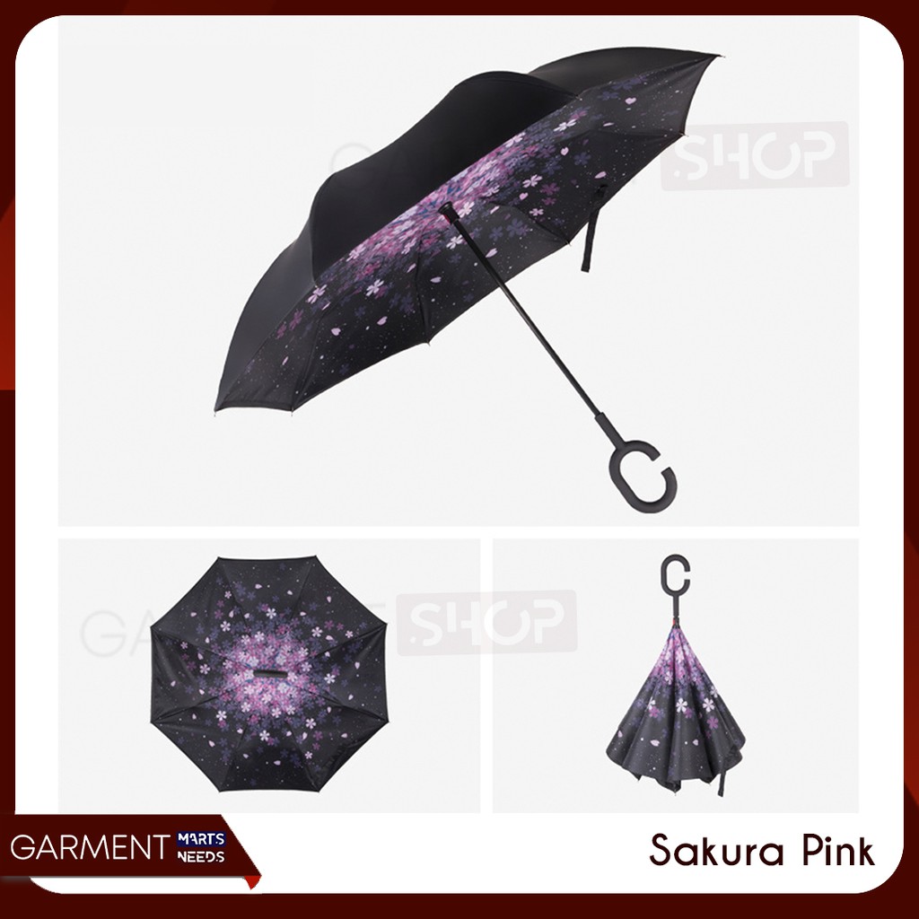 Payung Terbalik Besar 2 Lapis Kain Gagang C Reverse Umbrella Kazbrella Motif
