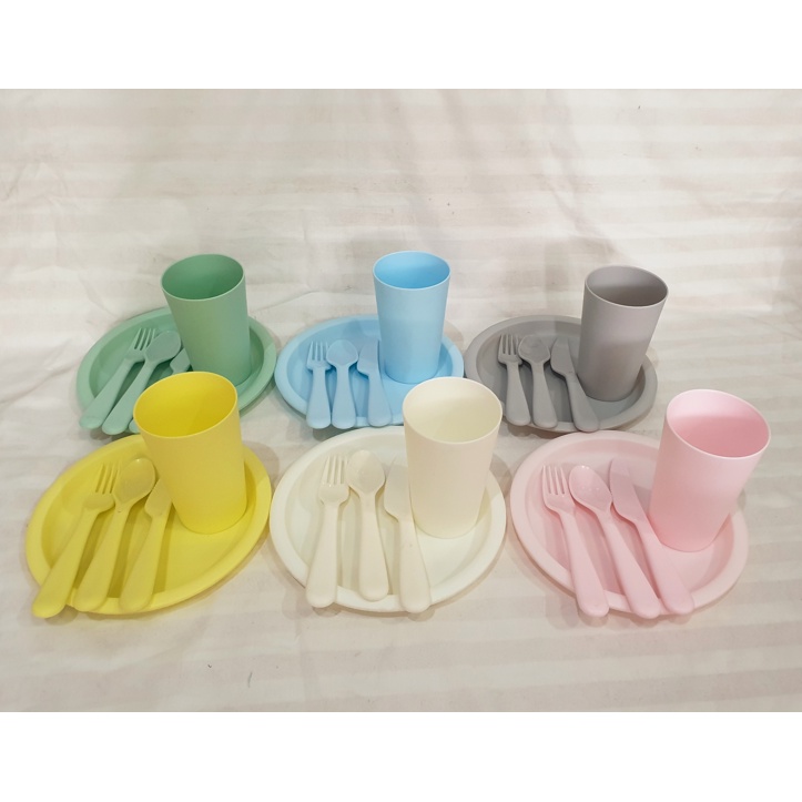 Miniso set Sendok Garpu Pisau, Piring, Gelas Plastik tahan lama