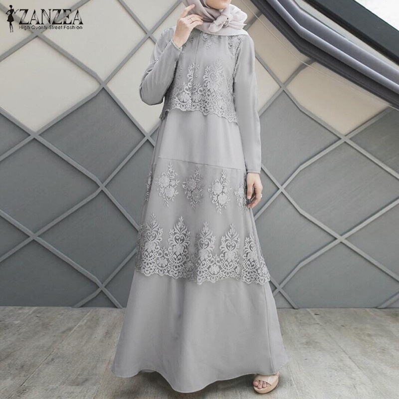 ZANZEA Women O Neck Long Sleeve Lace Stitching Muslim Long Dress