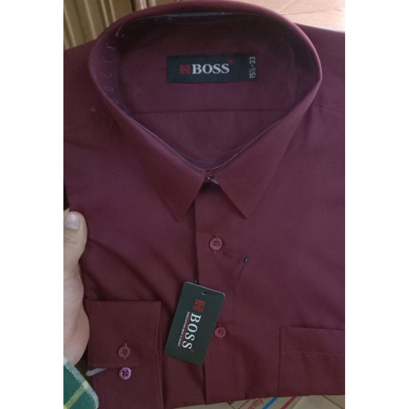 kemeja polos merk Boss marun lengan panjang