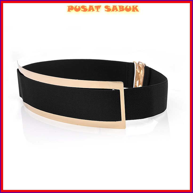 Belt Gesper Plat Sabuk GOLD Karet Obi Ikat Pinggang Elastis untuk Wanita Fashion Emas Hitam kekinian