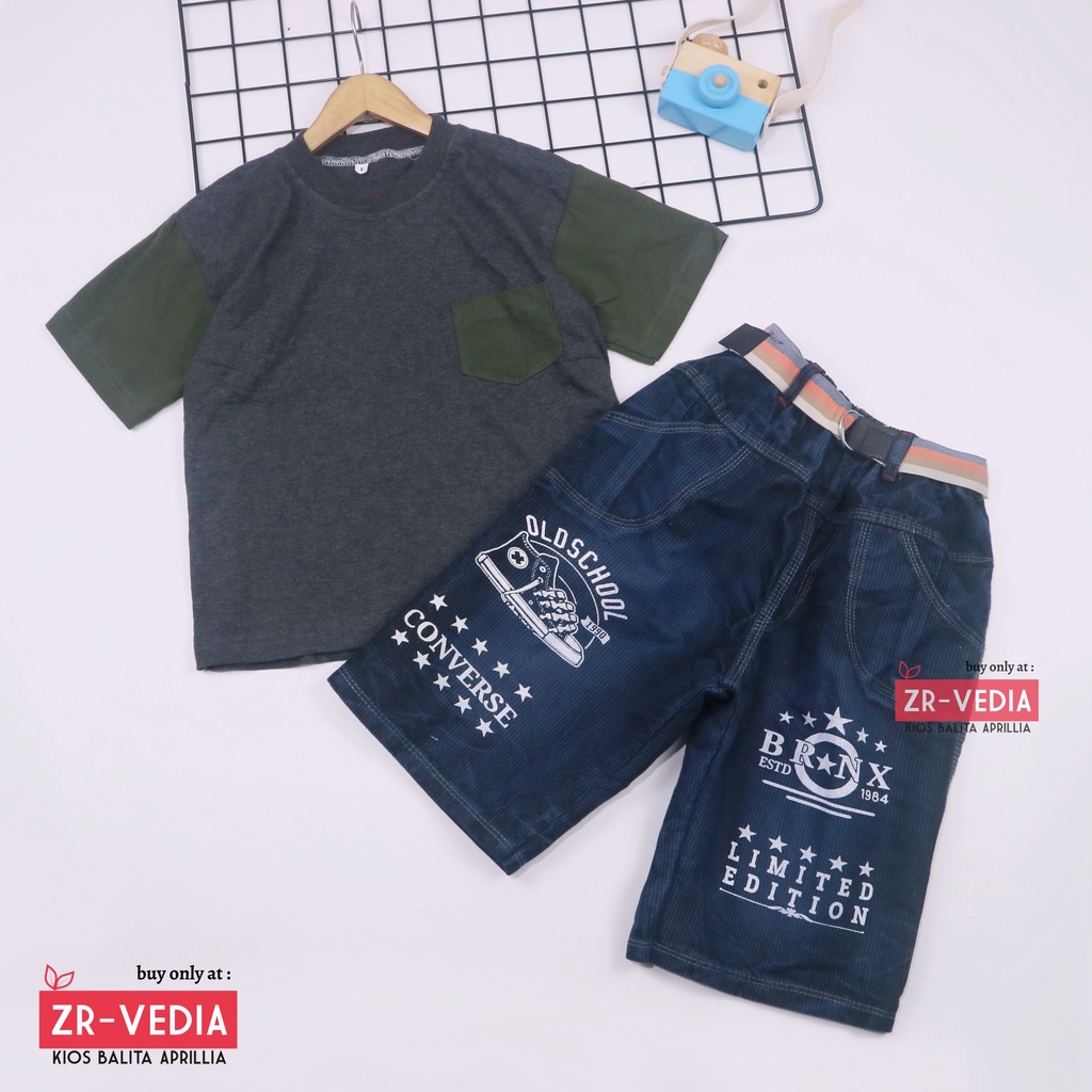 Setelan John Ethes uk 3-4 Tahun /  One Set Lengan Pendek Anak Laki-Laki Celana Jeans Kantong Baju Oblong