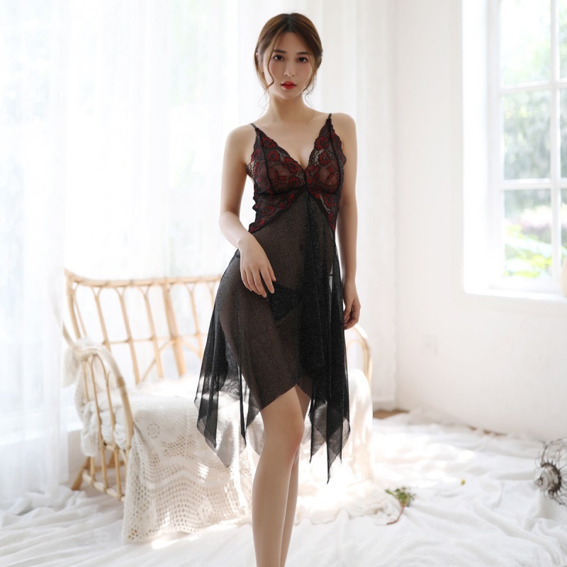 TELLY ➡️ 195 Lingerie Gaun Motif Bunga Merah Sling Leher V Sexy Baju Tidur