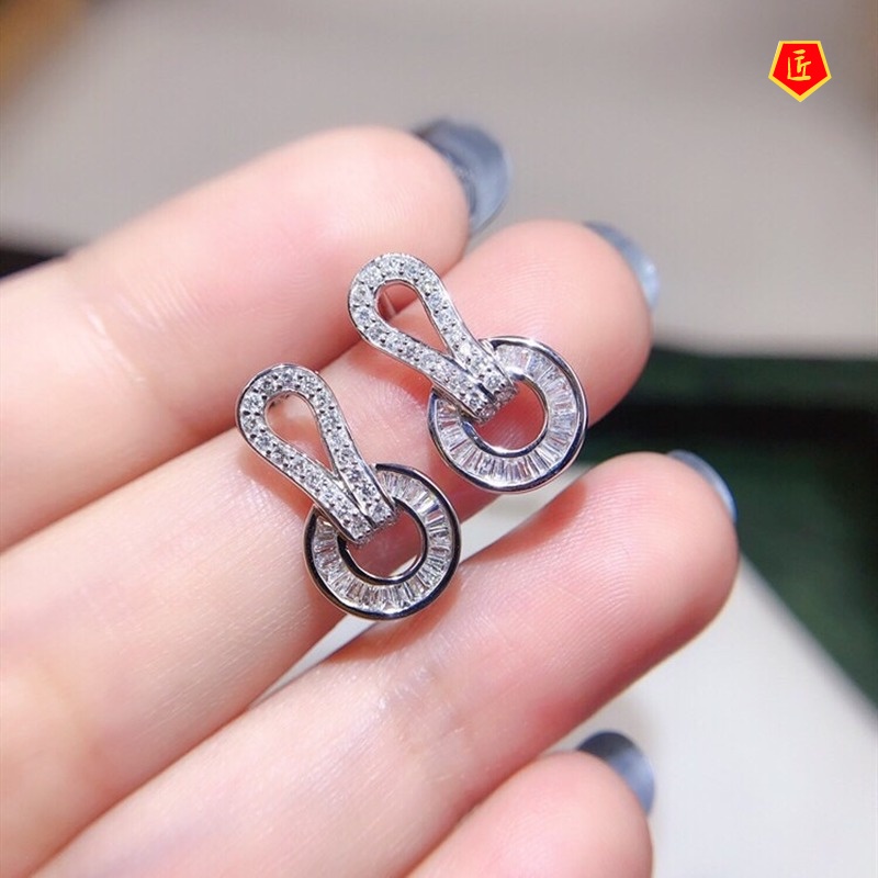 [Ready Stock]18K Platinum Fashion Full Diamond Earrings Women's