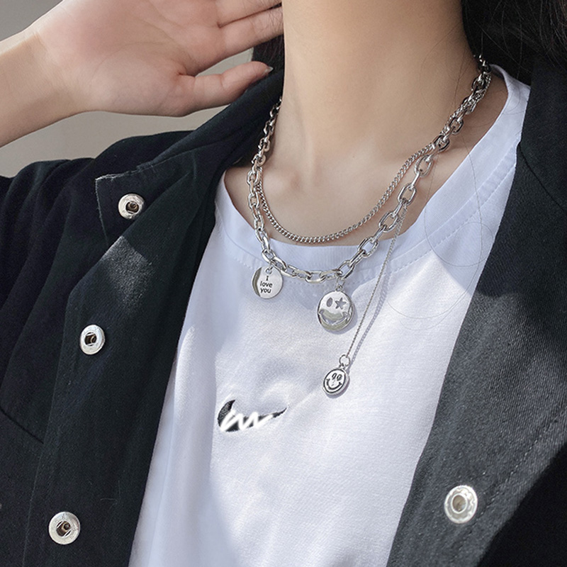 Smiley Face Necklaces Women Link Chain Figure Simple Pendant Necklace Girl Jewelry Silver Color Trendy Necklace