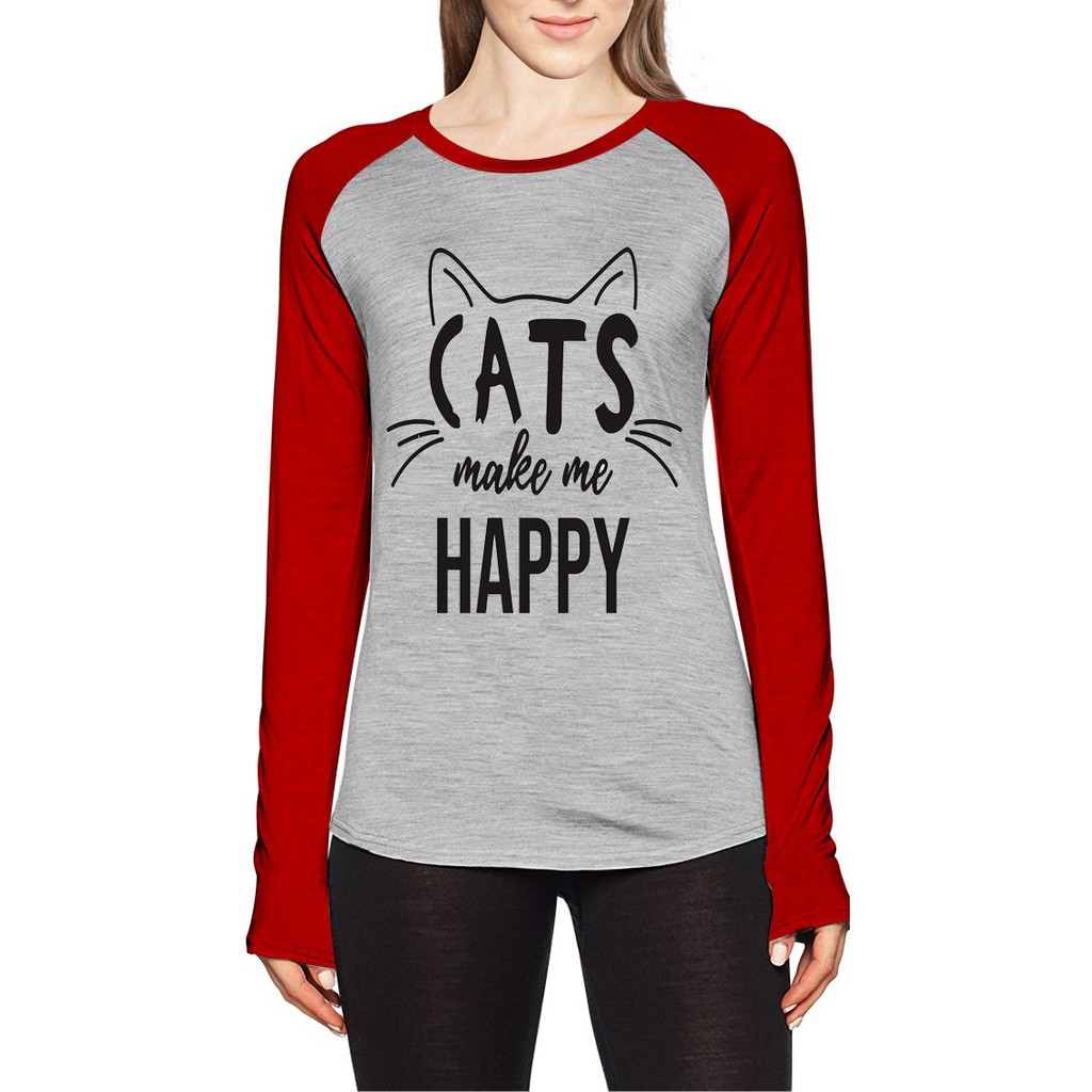 Kaos Raglan Gambar Happy Cat | Lengan Panjang | Ukuran M - L - XL -XXL