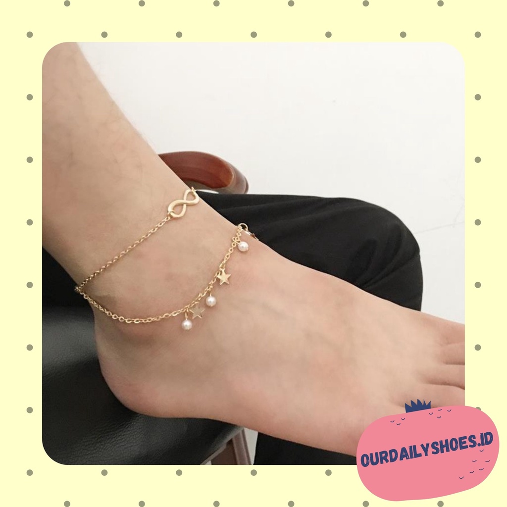 ★ODS★ FA114  Gelang Kaki Korea Temperamen Mutiara Bintang  Bentuk Anklet Perhiasan Berantai Perak