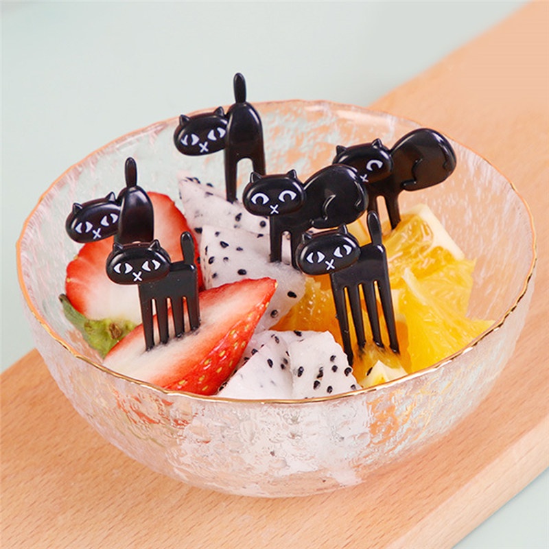 TK 6pcs/pack Cute Animal Fruit Fork Kids Snack Dessert Cartoon Forks Toothpick Lunch Decoration Black Cat Pattern